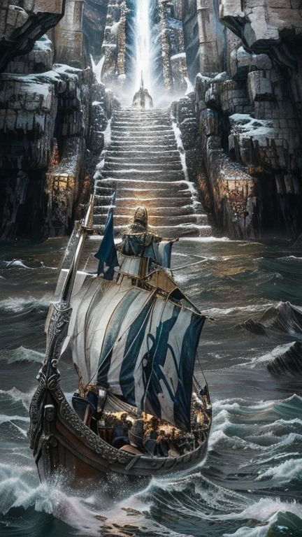 colorful photo, Viking warrior on a boat in the ocean, bright paint, viking heaven, Norse mythology, norse god, by John Moonan, inspired by Þórarinn B. Thorlaksson, deus viking, por Howard Lyon, epic biblical representation, the entrance of valhalla, in valhalla, Golden gates, colorful vikink characteristic ship.