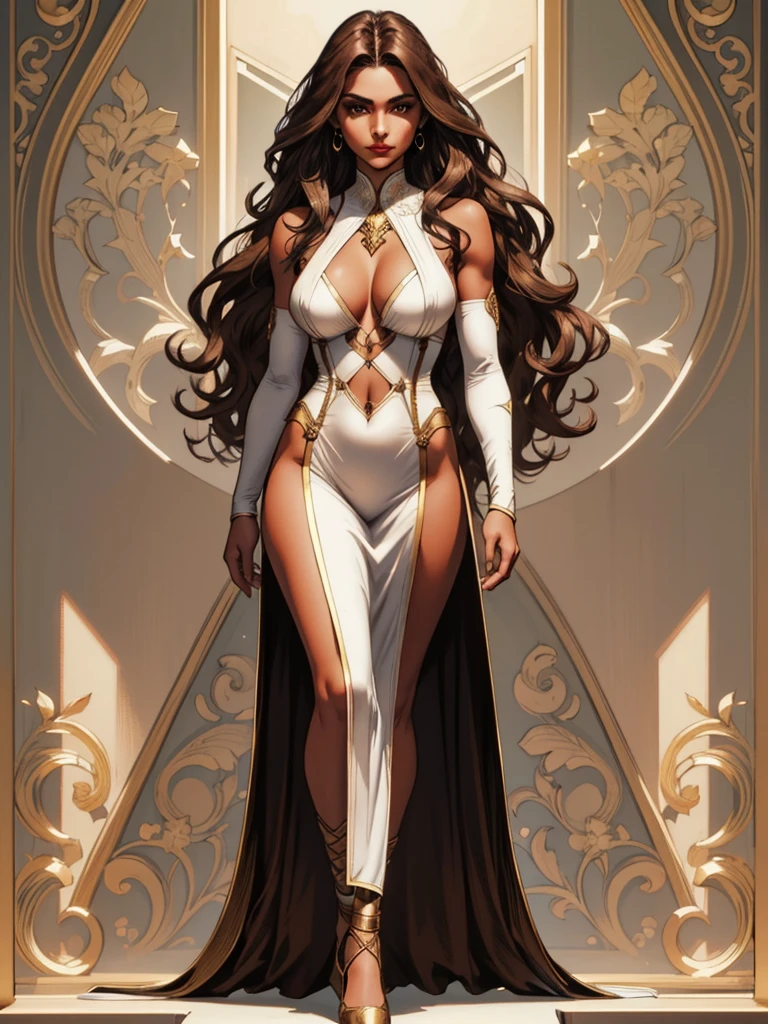 ((best quality)), ((4k)), ((highres)), ((masterpiece:1.2)). ((detailed)), ((ultra realistic)), ((intricate details)), ((full body picture)), ((character design sheet)), a full body picture of a beautifull hispanic female, hispanic woman, dark olive skin, hispanic princess, hispanic model, perfect face, detailed eyes, detailed lips, ((luscious red lips)), about 25 years old, about 6'0 ft. tall, long wavy brown hair, ((emphasis on her long wavy brown hair)), pretty, feminine woman, hourglass figure, perfect body, well toned body, dressed in a long white halter dress with leg slit, strappy lace up high heels, showing cleavage, multi-colored outfit, predominantly white outfit with golden and blue adornaments, glamorous, glamorous model, regal, superhero character, superhero concept art, superhero character concept art, full body, full body concept art, full body art