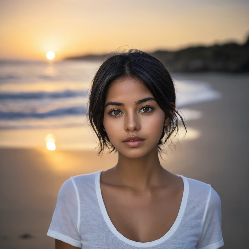 Portrait photoréaliste d'une jeune colombienne  de 22 ans aux  cheveux noirs et fluides et aux yeux foncés saisissants. Elle doit avoir une expression naturelle et accessible et être éclairée par une lumière douce et dorée. L'arrière-plan doit être un décor extérieur pittoresque, par exemple une plage ensoleillés. Capturez cette image avec une photographie haute résolution en utilisant un objectif de 85 mm pour une perspective flatteuse.