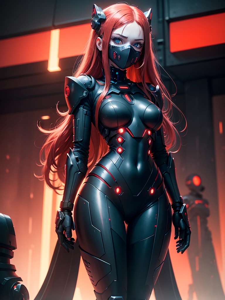View from below, angle from below, flat horizon photo, Girl android , she has long red hair, she has a mask on her face, a respirator, a woman with sexy hips, half cyborg, technological modifications. Beautiful face, black metal cybernetic android robot body in black color, Large, wide hips, suit with red indicator lines with many red details, cybernetic armor with a red glow from under the joints and joints, she has blue eyes , frame with a flat horizon, Anime Style Photography , Red Lasers, black background Cyberpunk style, the camera films Her from below, lower angle of photography, black background image of a night black city and red neon lights, red lamps, red lighting, red flashes in the background