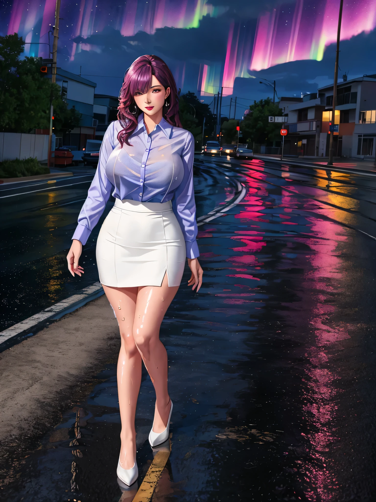 office lady, high resolution, Masterpiece, Anatomically correct, Highly detailed, realistic textures, blushing, dark purple hair, Bangs between the eyes, big breasts, BIG ASS, purple eyes, woman is salking on street, night sky, aurora backgroung, white shirt, short skirt, full body, Embarrassed, serious, Sparkling eyes, Contemptuous look, red lips, Big eyes, secretary uniform, sexy lady, rain, shadow on the road, lion on electricity post, Wet shirt
