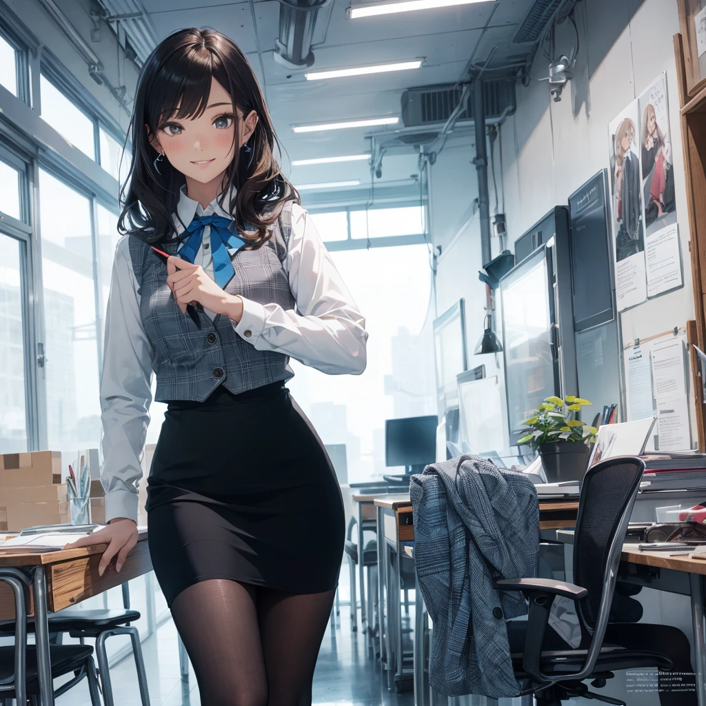 (Best Quality, Masterpiece),Wearing a pink plaid vest, White short sleeved shirt, Gray pencil skirt, Wear stiletto heels, Necklace, earrings, Cute face, Smile, Blushing, Shyness, Glass wall, Ultra Detail, Realistic, Front view, Whole body, stunning, cute, warm smile, hourglass figure, apron, text, chart, advertising, magazine title(Best Quality, Masterpiece), Mag((((1ladyl,)))) (masterpiece), (realistic), (best quality), (ultra-detailed), (wearing in [[white and gray check pattern]] Vest worn over white collared long-sleeved shirt:1.4), (gray vest with buttons:1.2), (Pink Theme:1.2), (blue ribbon ribbon:1.3), (Black theme:1.4), (Tight black pencil skirt:1.5), ((Brown pantyhose)), (high-heels:1.1),longskirt,office desk, office chair,Lulubre Unity 8K Wallpaper, pantyshot, long brown hair, office lady Magazine Cover, 1girl,  amazing, girl, 30 years old, house wiife, warm smile, hourglass figure, text, chart, advertising, magazine title