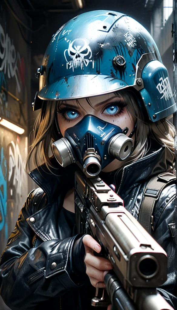 A detailed, beautiful girl in the style of Ashley Wood, with glowing steel-blue eyes, textured skin, wearing a black leather coat, a death mask, and a graffiti helmet, holding a modified heavy firearm, aiming with intent, (best quality,4k,8k,highres,masterpiece:1.2),ultra-detailed,(realistic,photorealistic,photo-realistic:1.37),portraits,sci-fi,concept artists,cinematic lighting,dramatic colors,moody,dark,gritty
