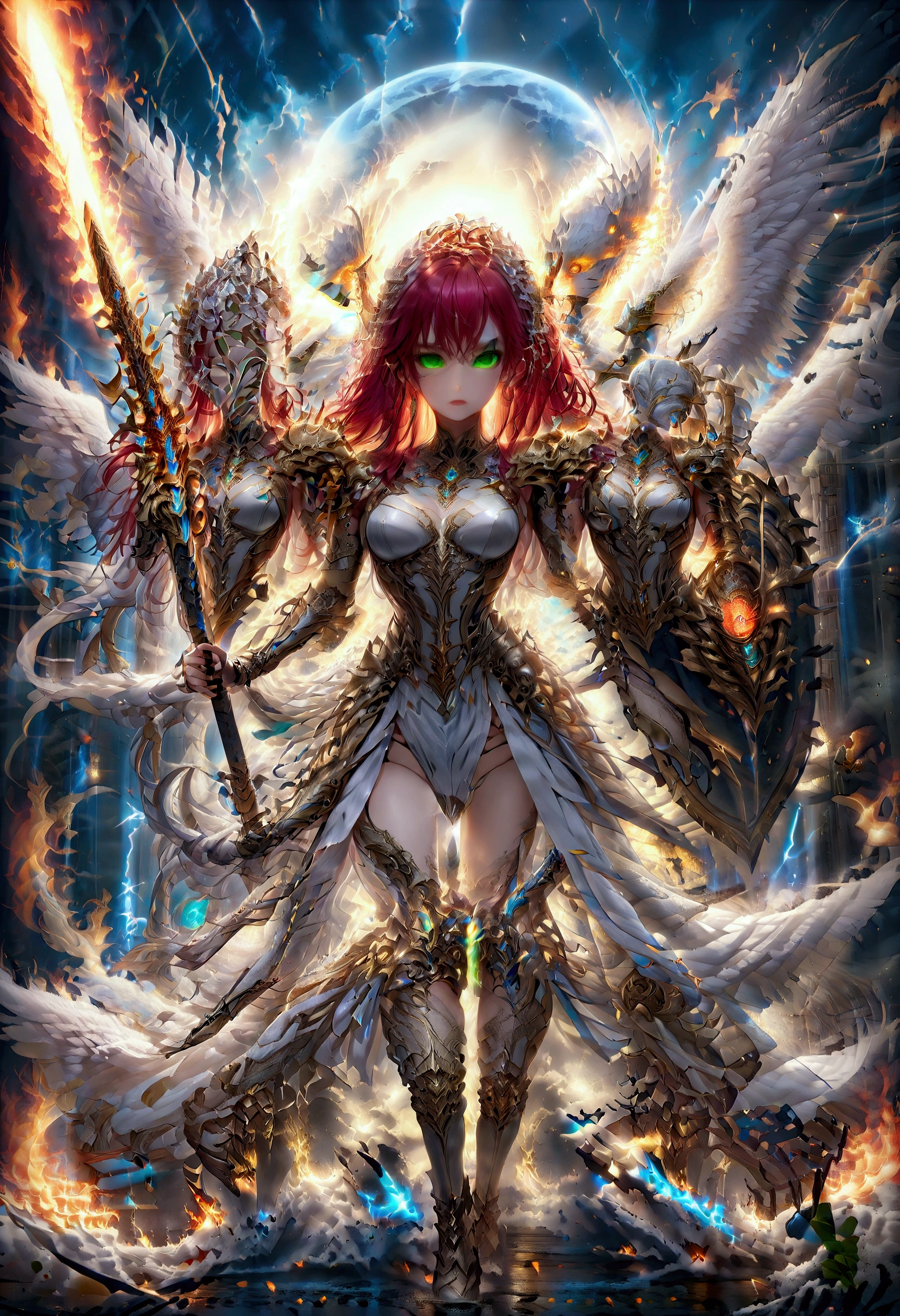 16K, Super detailed, masterpiece, Highest quality, (Very detailed), Arafed, dnd art, panoramic, whole body, Aasimar, woman, (masterpiece, intense details:1.3), woman, Warrior of God, Holding ((Burning Blade: 1.5)) (masterpiece, intense details:1.3) large feathers,(white: 1.3) angelic wings spread (masterpiece, intense details:1.3), fantasy magic heaven background (masterpiece, intense details:1.3), moon, performer, cloud, wear (Azure Armor: 1.3) (masterpiece, intense details:1.3), Elegant high heel boots (masterpiece, intense details:1.3), Armed with a sword, (Redhead: 1.4), (Green Eyes: 1.4), Strong Eyes, 超woman的, Super detailed face, (masterpiece, intense details:1.5), (Anatomically correct: 1.5), Face of determination, Divine Light, Cinema Lighting, Soft Light, silhouette, Photorealism, panoramic ((masterpiece, intense details:1.3) , Wide-angle, Ultra Wide Angle, 16K, High resolution, Highest quality, Interested, 2.5D Rendering, Phoenix dress, Sword＆shield
