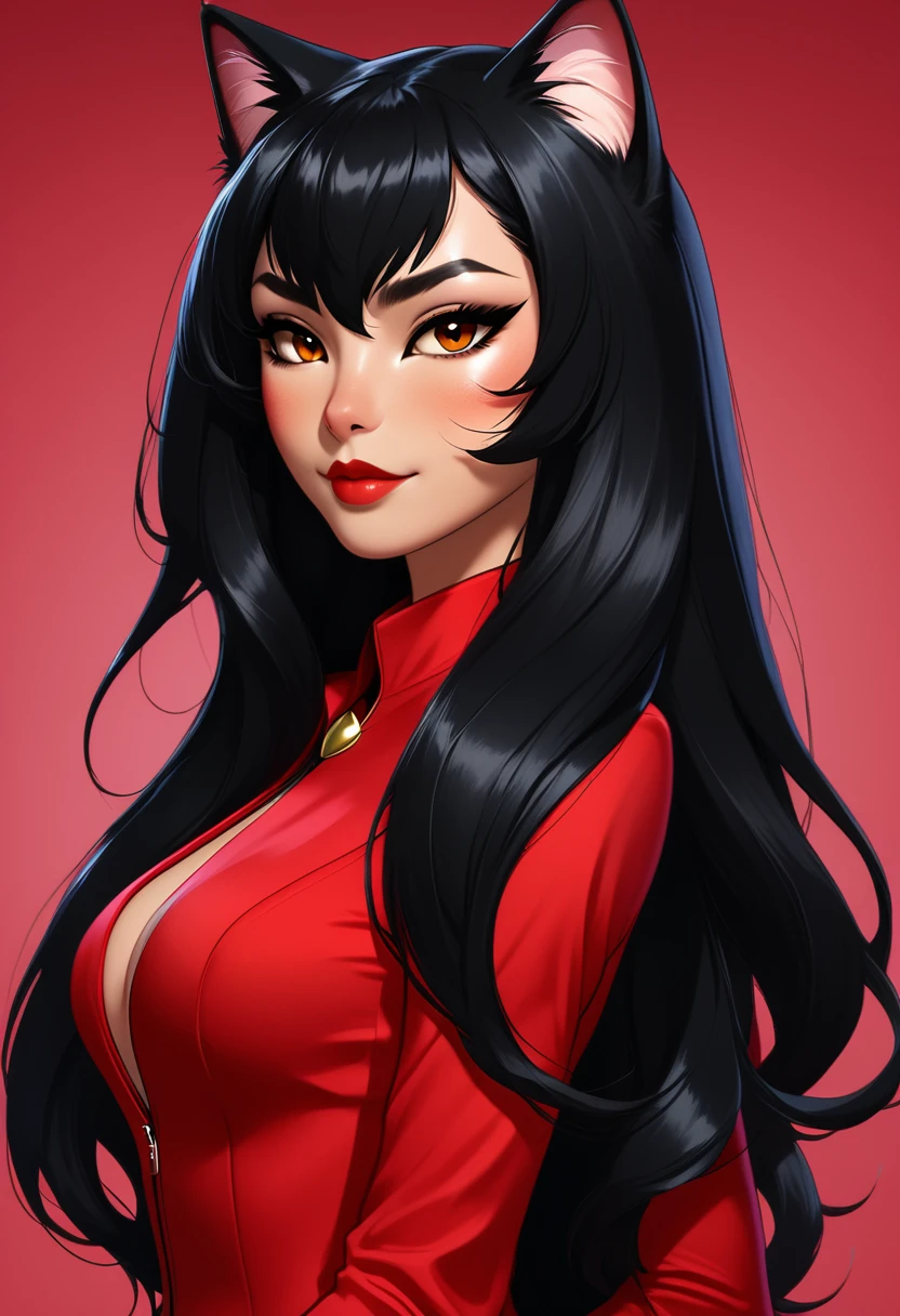 Reko is a cat woman. She has brown eyes. She has long black hair with red roots, a brown tail with light-colored tips, a face and cat features and a brownish fur. She’s wearing a sexy red suit.