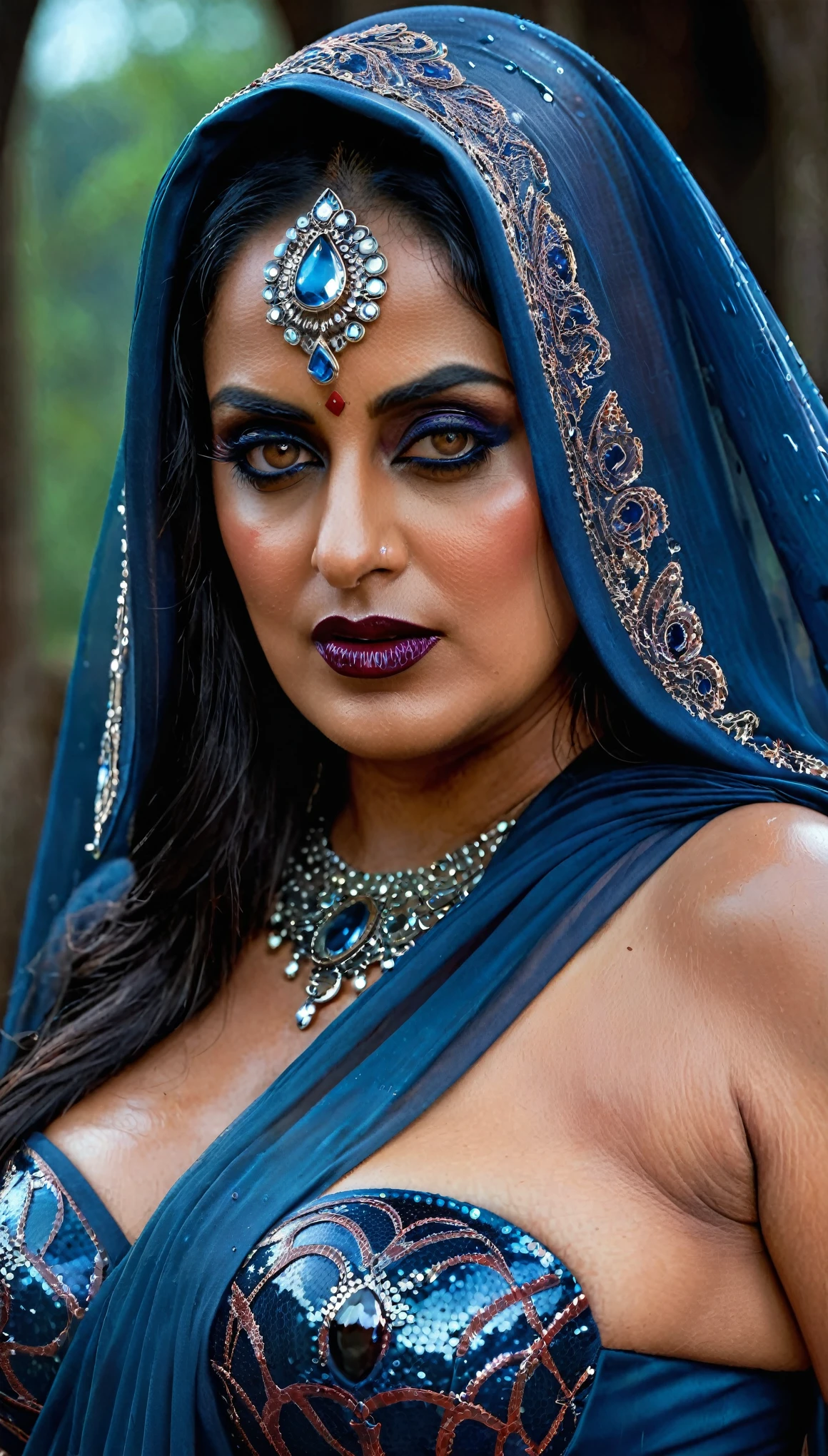 Looks like Mahie Gill, full body Closeup shot, Big chubby aunty, milf, cougar lady witch, fierce eyes, evil seductress, wide body, horny Gothic milf, 60 years old gorgeous mature lady, pervert demoness, demoness of lust, curvy, black lips, horny face, extremely gorgeous, thick figure, heavy physique, voluptuous, curvy, sexy figure, Fashionable portrait of androgynous alien looking witch wearing veil, glowing eyes, futuristic design, minimal details, givenchy, photoreal, 200mm, hd, f/ 2.0, highly detailed, surreal, sexy beautiful evil woman, sexy bold sequin Saree with strapless Bra, chudail, Pishachini, horror genre, blood-thirsty enchantress, powerful female spirit, eerie, drop dead, in the style of red and blue, (intricate details, hyperdetailed:1.15) (skin texture:1.2), dark Moody tone, cinematic lighting, haunted place in background, evil seductress, veins in the body, lifelike texture, sensual, (wet, oil-lubricated),(sweaty),