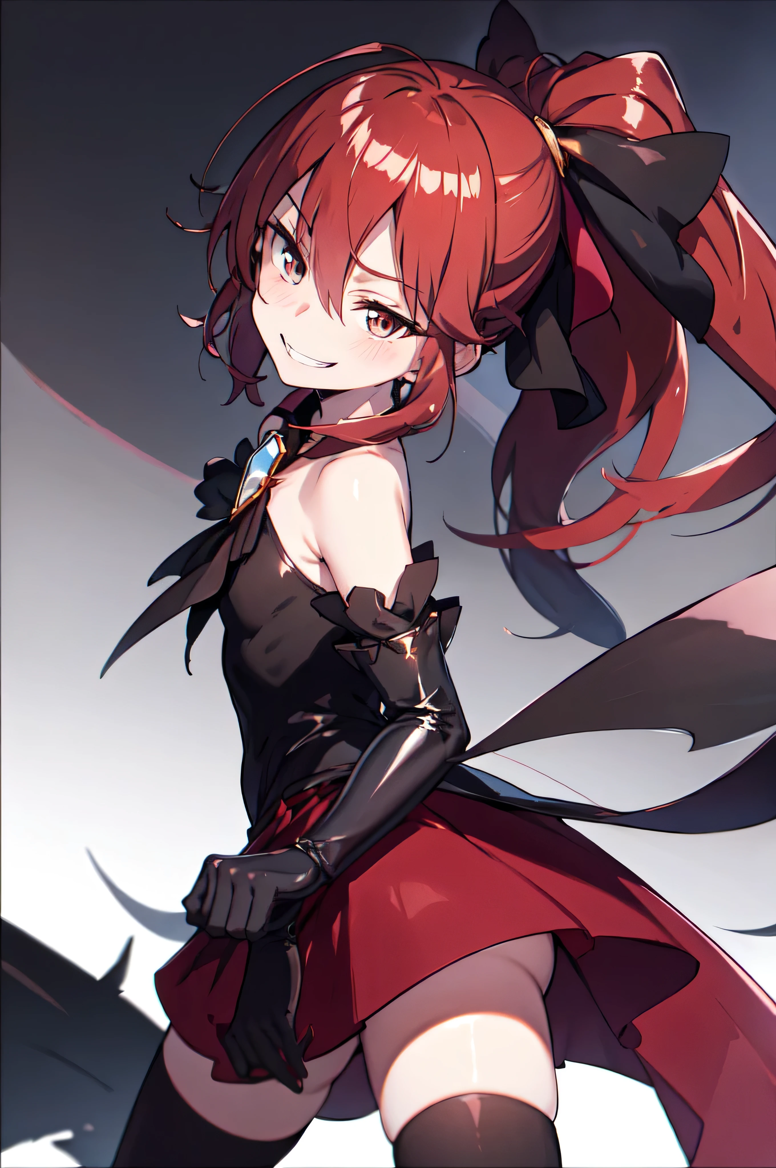 Highest quality, masterpiece, One Girl,Not beautiful, Red Ponytail, Long dress, brooch, Hair Ribbon, Black knee socks, Standing on the rubble, (Wicked Smile:1.1), ,,Dark shadowed face,Sadistic smile,Malice,Contempt,smile,latex,Bad face,,Red Skirt,two hands,Two legs,five fingers,evil background,elbow gloves,latex, Wicked Smile, devilish aura (Shiny fabric:1.5),Dark world background,solo,