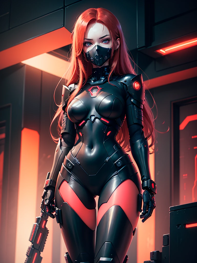 View from below, angle from below, flat horizon photo, Girl android , she has long red hair, she has a mask on her face, a respirator, a woman with sexy hips, half cyborg, technological modifications. Beautiful face, black metal cybernetic android robot body in black color, Large, wide hips, suit with red indicator lines with many red details, cybernetic armor with a red glow from under the joints and joints, she has blue eyes , frame with a flat horizon, Anime Style Photography , Red Lasers, black background Cyberpunk style, the camera films Her from below, lower angle of photography, black background image of a night black city and red neon lights, red lamps, red lighting, red flashes in the background