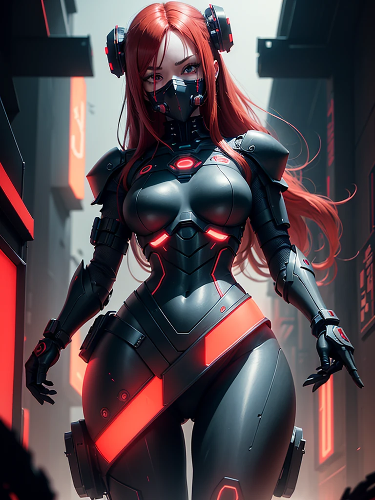 View from below, angle from below, flat horizon photo, Girl android , she has long red hair, she has a mask on her face, a respirator, a woman with sexy hips, half cyborg, technological modifications. Beautiful face, black metal cybernetic android robot body in black color, Large, wide hips, suit with red indicator lines with many red details, cybernetic armor with a red glow from under the joints and joints, she has blue eyes , frame with a flat horizon, Anime Style Photography , Red Lasers, black background Cyberpunk style, the camera films Her from below, lower angle of photography, black background image of a night black city and red neon lights, red lamps, red lighting, red flashes in the background