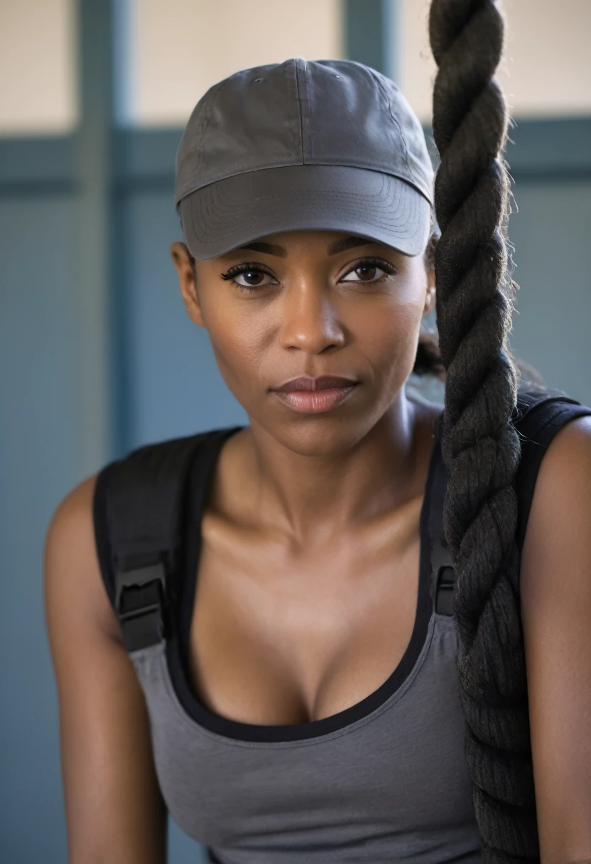 Closeup view of an outdoor skinny but athletic black female prisoner wearing a dark gray (CAP SLEEVE) shirt with poorly and unevenly cut sleeves. Her armpits are sweating badly. She is tied down to the restraint chair in prison, with her arms tied very high to the ceiling. She is in a situation where she is strapped down to a prison chair with her arms raised by a rope. She is also wearing very loose, flappy, dark gray prison shorts. capsleeves are very wide, leaving her armpit skin fold fully visible and exposed. Cap sleeves are designed to cover the shoulder but not extend fully over the arm, often ending just past the shoulder. In this case, the woman's cap-sleeve shirt is short enough that her armpits are visible. This could be due to the design of the shirt, or it could be a result of the pose she's striking. backlit