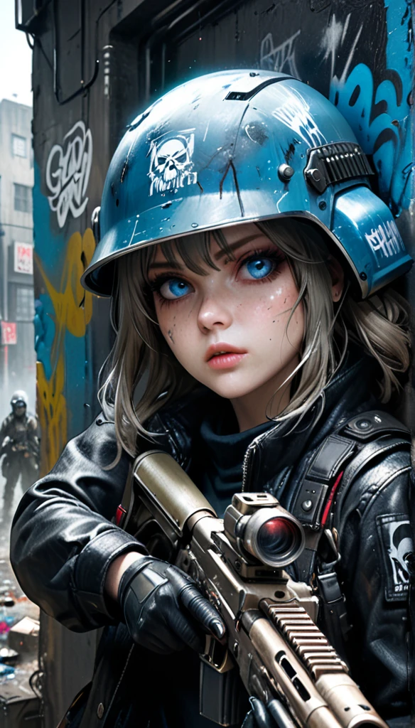 A detailed, beautiful girl in the style of Ashley Wood, with glowing steel-blue eyes, textured skin, wearing a black leather coat, a death mask, and a graffiti helmet, holding a modified heavy firearm, aiming with intent, (best quality,4k,8k,highres,masterpiece:1.2),ultra-detailed,(realistic,photorealistic,photo-realistic:1.37),portraits,sci-fi,concept artists,cinematic lighting,dramatic colors,moody,dark,gritty