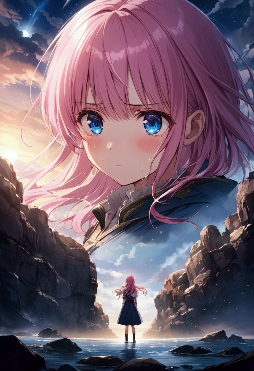 ox、Cry、Girl with pink hair、blue eyes、Twin Drill、A scene from a movie