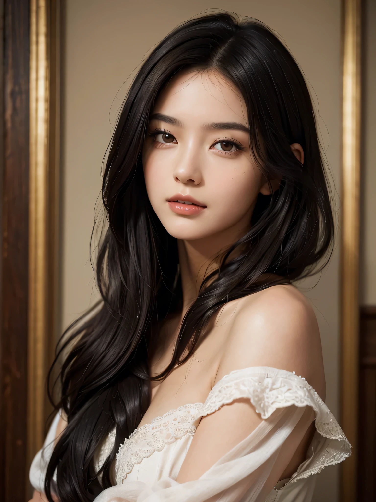 (best quality), (masterpiece), the most beautiful woman in the world, with brown hair, (beautiful:1.3), (attractive:1.3), elegant, (black hair:1.3), (intricate details:1.1), (hyperrealistic:1.2), (classic portrait), (vibrant:0.9)