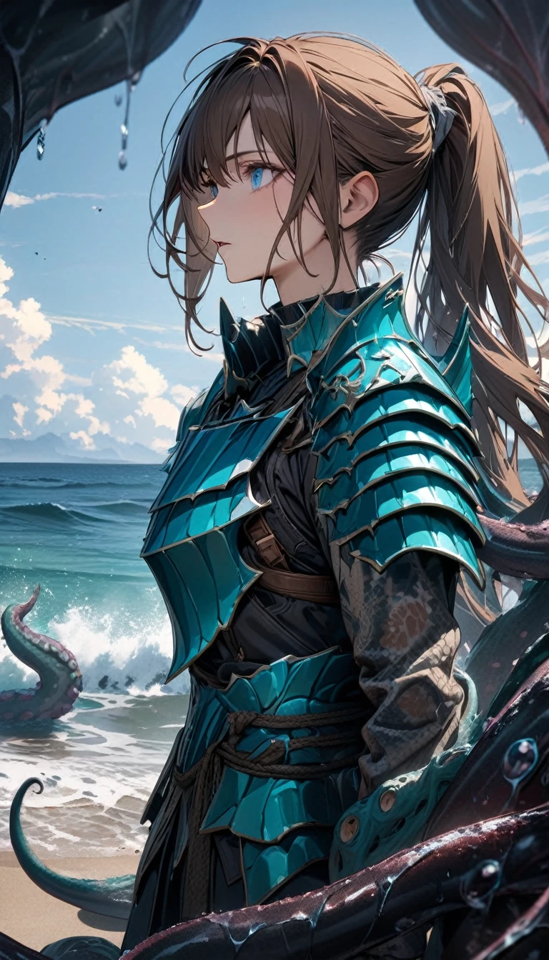 adult guy, long brown hair, high ponytail, blue eyes, aquamarine samurai armor, sea, tentacles, Masterpiece, best quality, Full HD, 8k, ultra details, great graphic