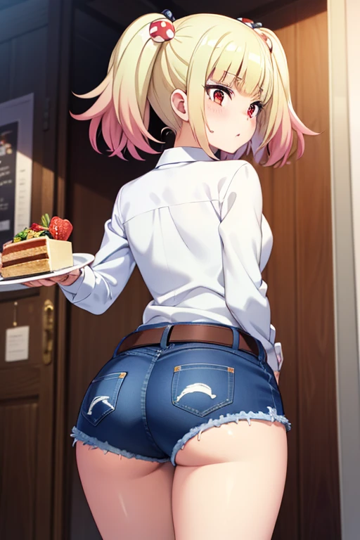 ((masterpiece)),(best quality),official art,extremely detailed CG,unity 8k wallpaper,ultra detailed,beautiful detailed eyes,extremely detailed face,1girl,solo,cowboy shot,looking to the side,niguredou julia,multicolored hair,gradient hair,pink hair,blonde hair,twintails,food-themed hair ornament,mushroom hair ornament,red eyes,white shirt,long sleeves,denim shorts,shorts rolled up,belt,from behind,ass