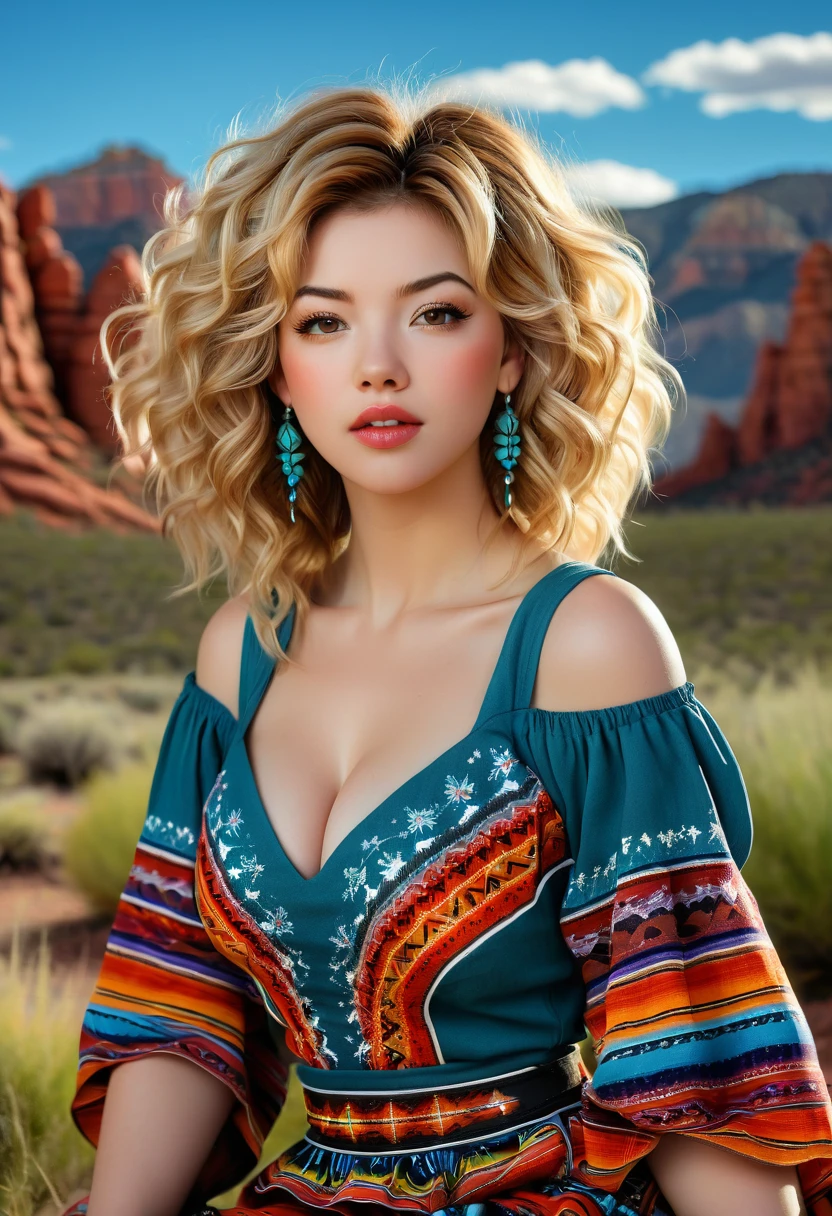 Full-length photo of a beautiful woman, a stunning merge of Masiela Lusha, in a colorful Southwestern style dress and skirt. She is sitting on a patch of grass under colorful skies, looking upward at the viewer. She is wearing Navajo sandals, Southwestern earrings, and jewelry. Her blonde hair is coarse, wiry, tightly curled, and densely packed, with a rough texture prone to frizz and tangling. The woman is depicted as cute, girly, and sexy, with a symmetrical face. This official art is an award-winning digital masterpiece in 4K Ultra HD, featuring extreme detail and intricate realism. It combines the artistry of Wlop and Artgerm in a stunning 2D vector illustration. She has large, perky, voluptuous, symmetrical, and spherical breasts. The background showcases a beautiful panoramic vista of a red rock canyon.