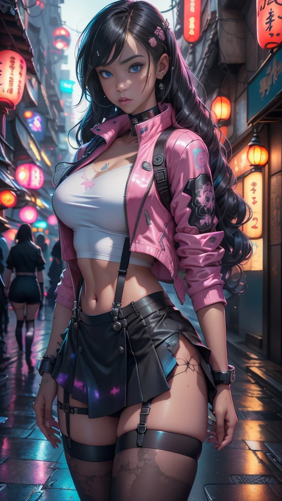 (La Best Quality,A high resolution,Ultra - detailed,actual),Ariana Grande cyberpunk a doll with long pink hair and a (pink jacket:1.4) ,(mini skirt pink :1.4) ,(dark ebony skin:1.4), (Pink wavy hair:1.4 ) ,(fantasy, Hard Rock Girl:1.4) , animated barbie doll,(background cyberpunk city galaxy:1.4) , (Style Ross Tran:1.4) , (ilya kuvshinov con pelo largo:1.4) , anime girl with long pink hair, parade emerging figure, More detailed 8K.unreal engine:1.4,HD,La Best Quality:1.4, Photorealistic:1.4, skin texture:1.4, masterpiece:1.8,masterpiece, Best Quality,object object], (detailed facial features:1.3),(The correct proportions),(Detailed blue beautiful eyes :1.4 ),  (cowboy pose), (Japan alley background :1.4), ,( cyberpunk 2.1), (kawaii style :1.4), (beautiful fingers detailed:1.4), (Perfect anatomy), (miniskirt colegiala white :1.4), ,( cyberpunk 2.1), ,(Cyberpunk ruined dungeon ruins background :1.4 ), (bright colors), (Hard Rock Girl V2.1),( cinematic lighting :1.4), (Cinematic V2.1), (dystopian city Japan cyberpunk :1.4), (Sexy stockings with fishnet suspenders:1.4), (rear view, backside view),high quality, (raw photo, best quality), (realistic, Photorealistic: 1.4), (extremely delicate and Beautiful: 1.4), Amazing, fine details, masterpiece, Ultra detailed, high resolution, best illustration, best shadow, intricate, ( extremely intricate: 1.2), (exquisitely detailed skin), cinematic light, Perfect anatomy, (cool color: 1.4), Sharp focus, 8K UHD, DSLR, (Fujifilm XT3),(dark ebony skin:1.4), (detailed perfect anatomy :1.4) 