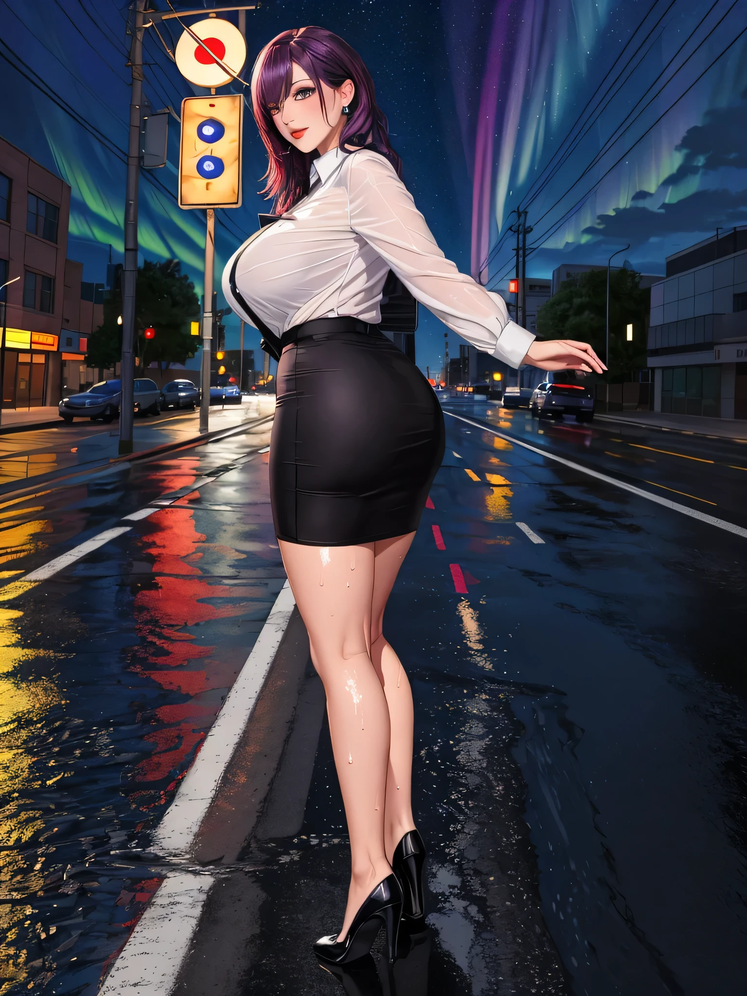 office lady, high resolution, Masterpiece, Anatomically correct, Highly detailed, realistic textures, blushing, dark purple hair, Bangs between the eyes, big breasts, BIG ASS, purple eyes, woman is salking on street, night sky, aurora backgroung, white shirt, short skirt, full body, Embarrassed, serious, Sparkling eyes, Contemptuous look, red lips, Big eyes, secretary uniform, sexy lady, rain, shadow on the road, lion on electricity post, Wet shirt, diamond eyes, wear black stockingEmbarrassed, A thin smile., 