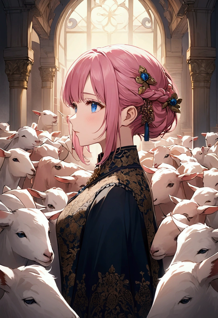 Flock of goats、、Girl with pink hair、blue eyes、Twin Drill、A scene from a movie
