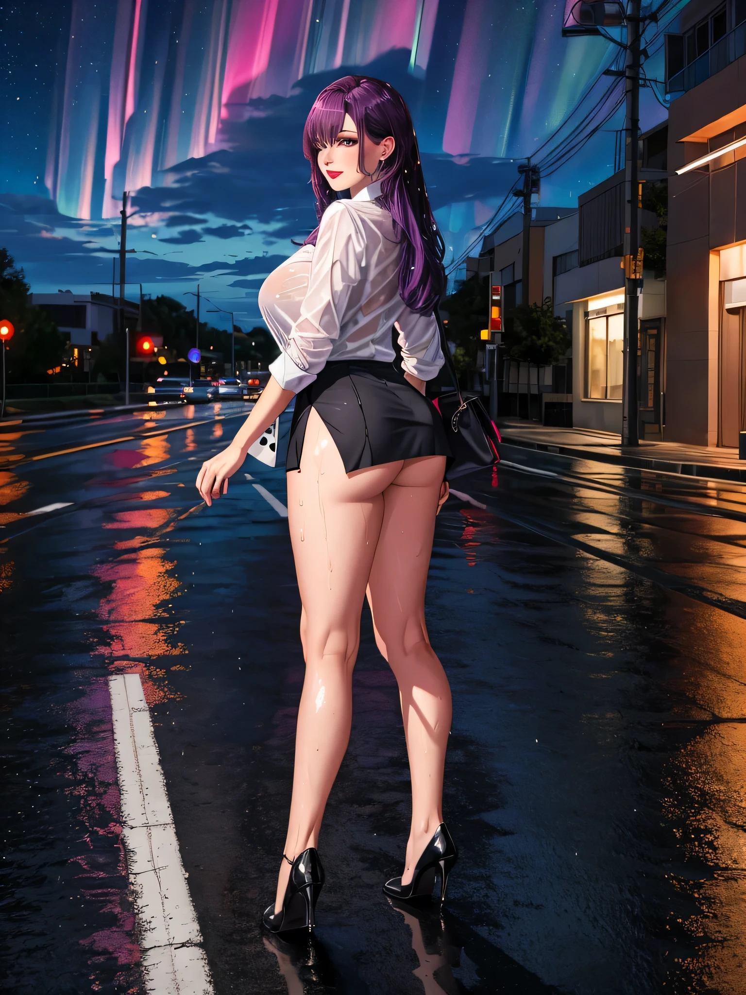 office lady, high resolution, Masterpiece, Anatomically correct, Highly detailed, realistic textures, blushing, dark purple hair, Bangs between the eyes, big breasts, BIG ASS, purple eyes, woman is salking on street, night sky, aurora backgroung, white shirt, short skirt, full body, Embarrassed, serious, Sparkling eyes, Contemptuous look, red lips, Big eyes, secretary uniform, sexy lady, rain, shadow on the road, lion on electricity post, Wet shirt, diamond eyes, wear black stockingEmbarrassed, A thin smile.,