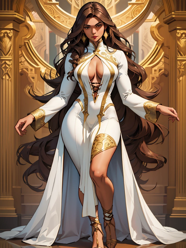 ((best quality)), ((4k)), ((highres)), ((masterpiece:1.2)). ((detailed)), ((ultra realistic)), ((intricate details)), ((full body picture)), ((character design sheet)), a full body picture of a beautifull hispanic female, hispanic woman, dark olive skin, hispanic princess, hispanic model, perfect face, detailed eyes, detailed lips, ((luscious red lips)), about 25 years old, about 6'0 ft. tall, long wavy brown hair, ((emphasis on her long wavy brown hair)), pretty, feminine woman, hourglass figure, perfect body, well toned body, dressed in a long white halter dress with leg slit, strappy lace up high heels, showing cleavage, multi-colored outfit, predominantly white outfit with golden and blue adornaments, glamorous, glamorous model, regal, superhero character, superhero concept art, superhero character concept art, full body, full body concept art, full body art
