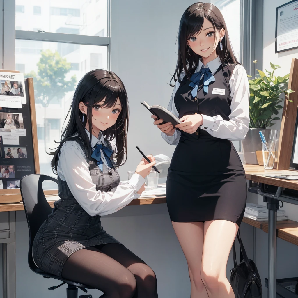 (Best Quality, Masterpiece),Wearing a pink plaid vest, White short sleeved shirt, Gray pencil skirt, Wear stiletto heels, Necklace, earrings, Cute face, Smile, Blushing, Shyness, Glass wall, Ultra Detail, Realistic, Front view, Whole body, stunning, cute, warm smile, hourglass figure, apron, text, chart, advertising, magazine title(Best Quality, Masterpiece), Mag((((1ladyl,)))) (masterpiece), (realistic), (best quality), (ultra-detailed), (wearing in [[white and gray check pattern]] Vest worn over white collared long-sleeved shirt:1.4), (gray vest with buttons:1.2), (Pink Theme:1.2), (blue ribbon ribbon:1.3), (Black theme:1.4), (Tight black pencil skirt:1.5), ((Brown pantyhose)), (high-heels:1.1),longskirt,office desk, office chair,Lulubre Unity 8K Wallpaper, pantyshot, long brown hair, office lady Magazine Cover, 1girl,  amazing, girl, 30 years old, house wiife, warm smile, hourglass figure, text, chart, advertising, magazine title