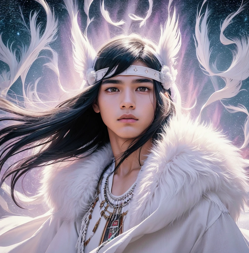 American classic comic book art: ethereal delicate young man, Native American boy, very black straight long hair, white native clothing dress, white fur collars, white blanket, white tiara on the forehead, mystical symbols, very young face boy, aurora borealis, emanating lilac and white energy, neck covered in fur white, long skirt light in the wind.