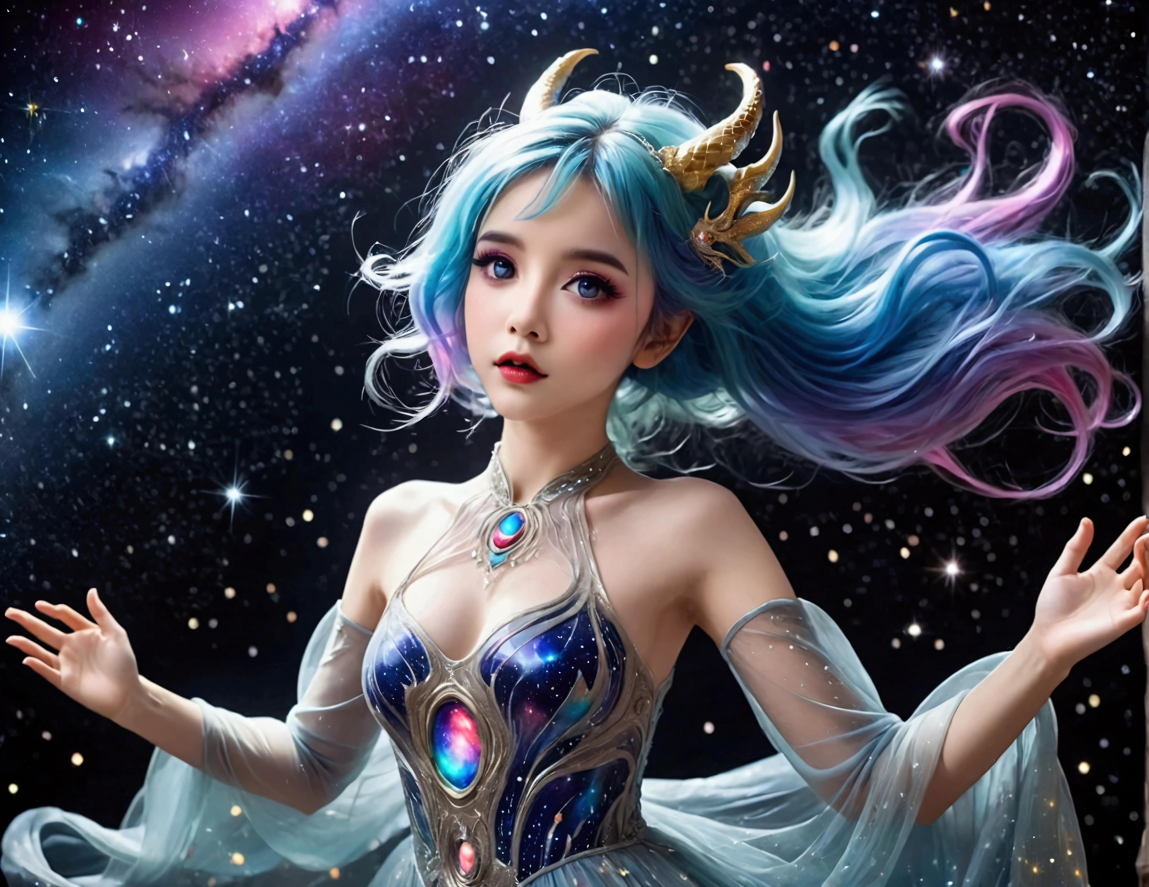 A lovely woman (age 25, sheer airy gown, dragon makeup, big eyes, colorful hair, dancing on a cosmic field of stars, trails of stardust and sparkles
