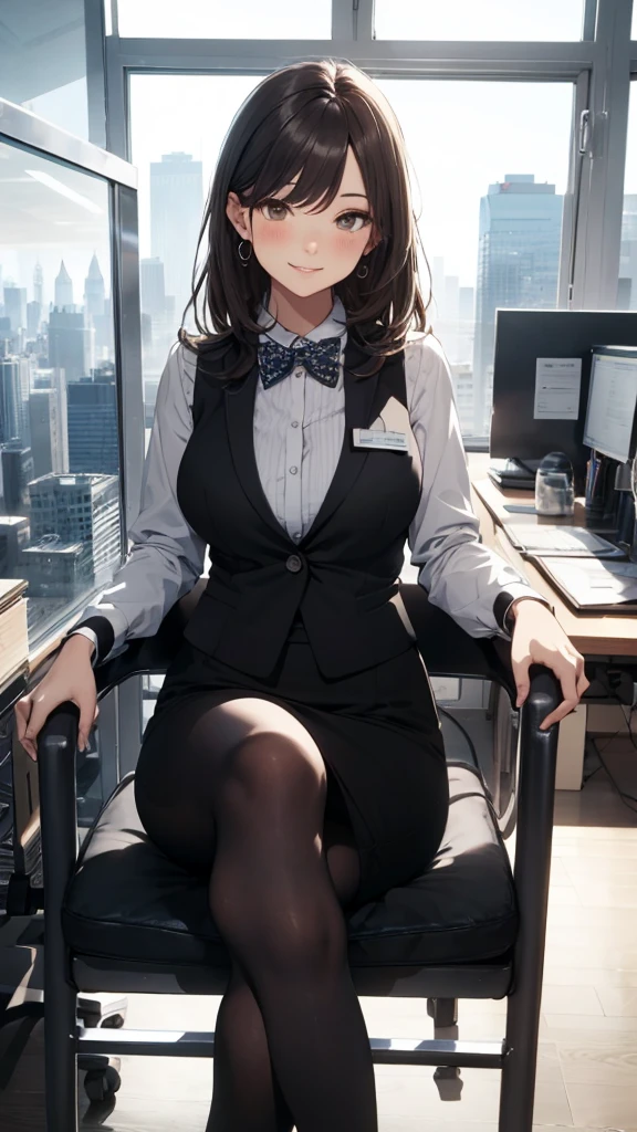 1lady sitting (crossed legs), office worker (stylish outfit), (gray vest) (pencil skirt), mature female, /(dark brown hair/) bangs, blush kind smile, (masterpiece best quality:1.2) delicate illustration ultra-detailed, large breasts, pantyhose BREAK (modern office indoors), window cityscape, detailed background
