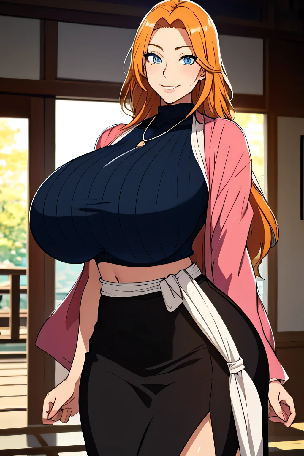 masterpiece, Highest quality, Matsumoto Rangiku, Beautiful lighting, Long Hair, turtleneck, Crop top, Pencil Skirt, Underbust, necklace, Huge breasts, Are standing, View your viewers, blue eyes, smile, Japanese architecture, Cowboy Shot, Glowing Skin, Huge breasts, Curvy, seductive smile, Exposing shoulders, Elbow hand pockets