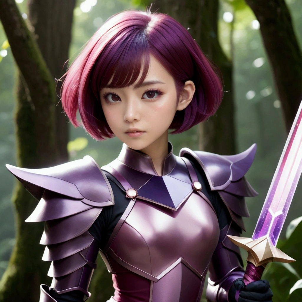 Has short pink hair and purple diamonds on her cheeks、Giant heroic princess, wearing purple armor、Holds a giant garnet sword, Accompanied by a small male fairy with short black hair, Crimson Wings, Dark red outfit, and shades, Go on an epic adventure