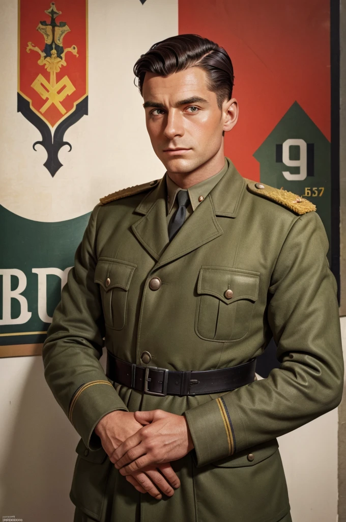A man with a slick dark hair in a German uniform from 1942, painted on a poster from that era, looking towards the camera, surrounded by propaganda of Germany , 30 yare sold."