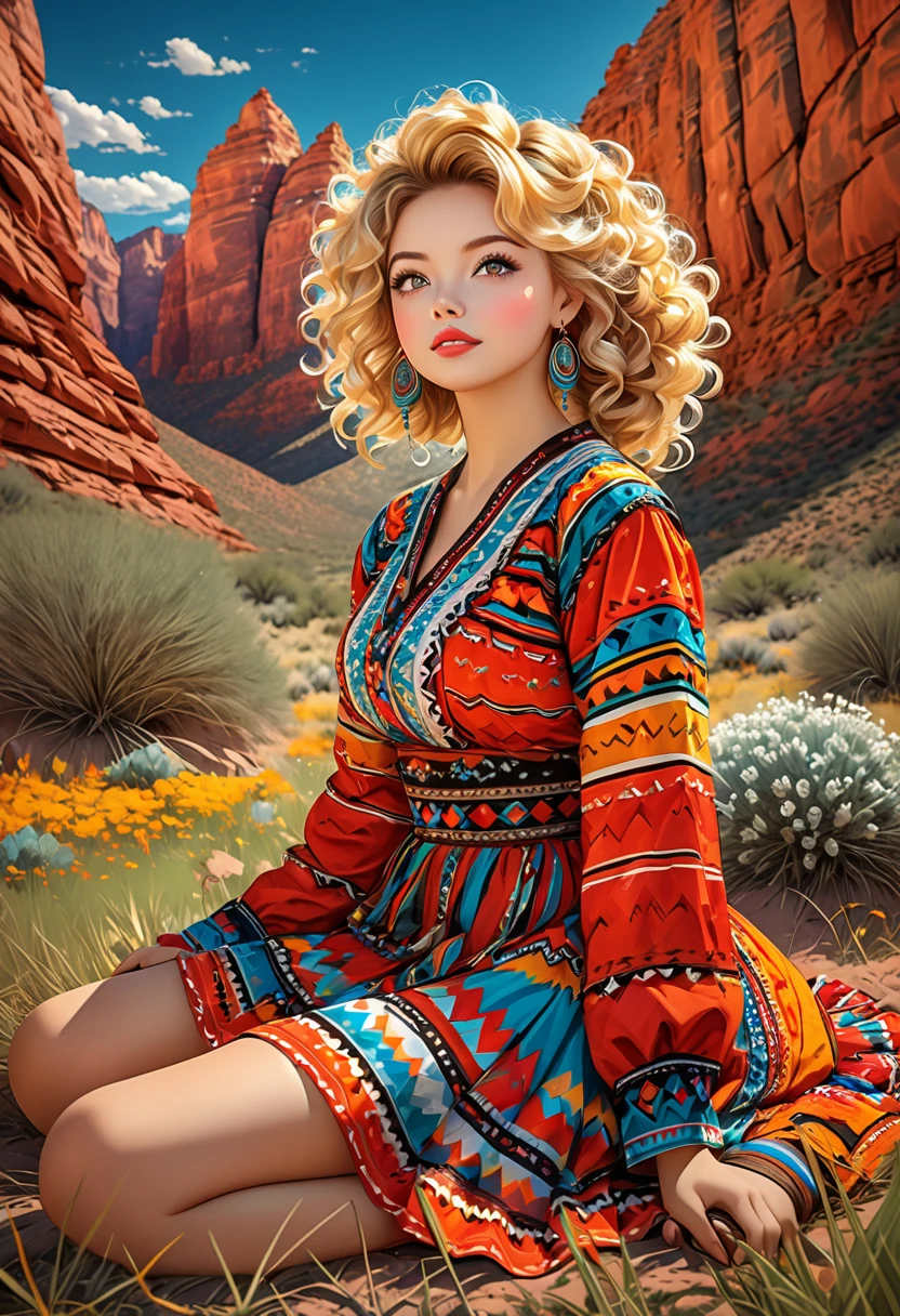 Full-length photo of a beautiful woman, a stunning merge of Masiela Lusha, in a colorful Southwestern style dress and skirt. She is sitting on a patch of grass under colorful skies, looking upward at the viewer. She is wearing Navajo sandals, Southwestern earrings, and jewelry. Her blonde hair is coarse, wiry, tightly curled, and densely packed, with a rough texture prone to frizz and tangling. The woman is depicted as cute, girly, and sexy, with a symmetrical face. This official art is an award-winning digital masterpiece in 4K Ultra HD, featuring extreme detail and intricate realism. It combines the artistry of Wlop and Artgerm in a stunning 2D vector illustration. She has large, perky, voluptuous, symmetrical, and spherical breasts. The background showcases a beautiful panoramic vista of a red rock canyon.