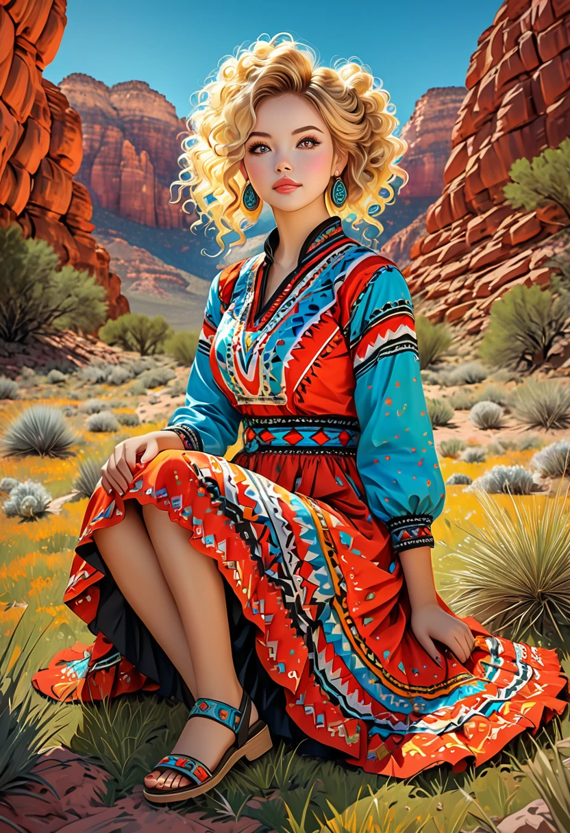 Full-length photo of a beautiful woman, a stunning merge of Masiela Lusha, in a colorful Southwestern style dress and skirt. She is sitting on a patch of grass under colorful skies, looking upward at the viewer. She is wearing Navajo sandals, Southwestern earrings, and jewelry. Her blonde hair is coarse, wiry, tightly curled, and densely packed, with a rough texture prone to frizz and tangling. The woman is depicted as cute, girly, and sexy, with a symmetrical face. This official art is an award-winning digital masterpiece in 4K Ultra HD, featuring extreme detail and intricate realism. It combines the artistry of Wlop and Artgerm in a stunning 2D vector illustration. She has large, perky, voluptuous, symmetrical, and spherical breasts. The background showcases a beautiful panoramic vista of a red rock canyon.