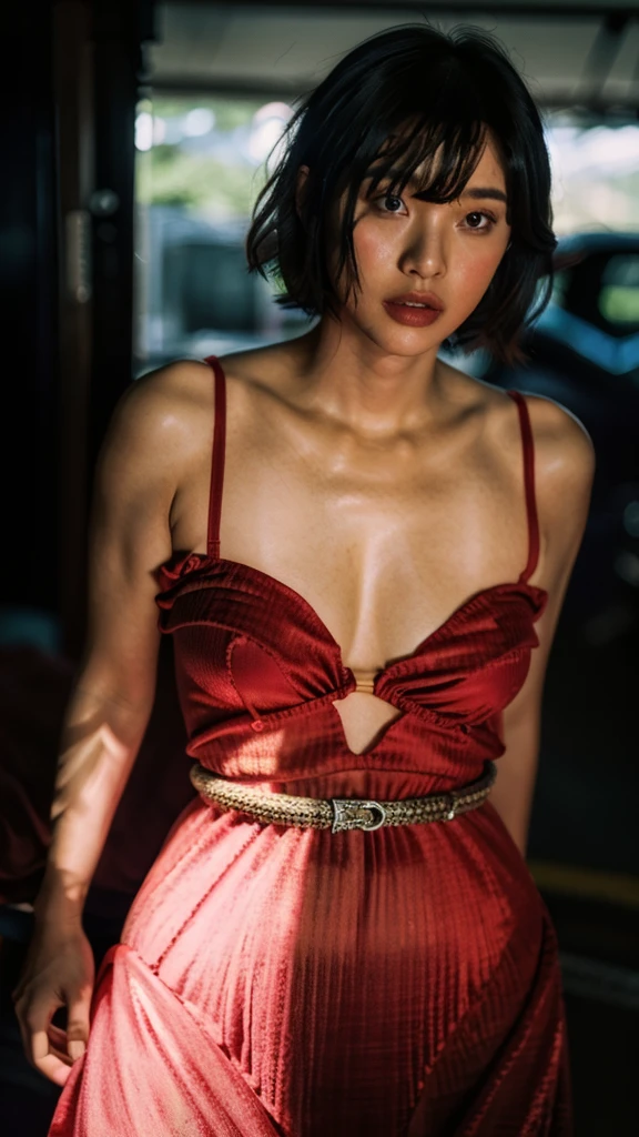 (full-length shot:1.5), (Best quality:1.5), 23y, 1girl, indonesian, (big breast), (red maxi dress), (cute face:1.4), wavy short hair blowing in the wind, (bangs:1.2), sexy posing in futuristic garage, dramatic moment, kodacrhome, cinematic dark lighting, beautiful shadow and sunlight expossure, aesthetic, ultra highres, sharp focus, highly detailed, realistic face and skin, surreal view, shot by eos c with 35mm lens f2.0, (angle shot fom below:1.3), Portrait by annie leibovitz, perfect anatomy, perfrect object