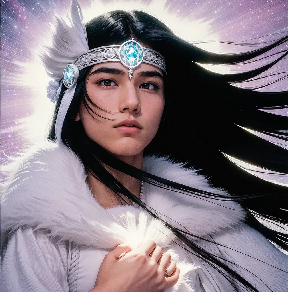 American classic comic book art: Very young ethereal delicate young man, Native American, very black straight long hair, white native clothing dress, white fur collars, white blanket, white tiara on the forehead, mystical symbols, very young face, aurora borealis, emanating lilac and white energy, neck covered in fur white, long skirt light in the wind.