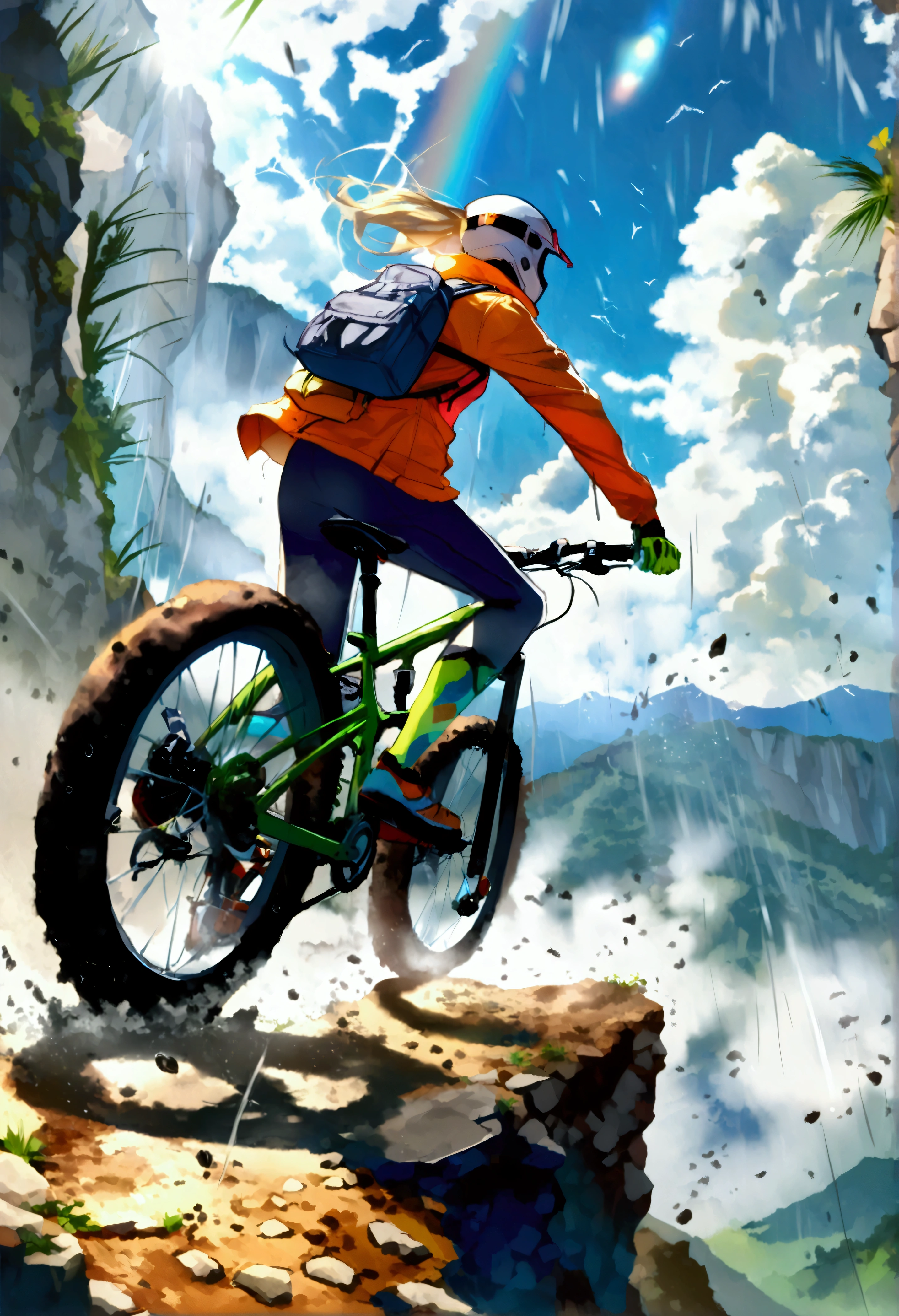 1girl\(on mountainbike\(motion blur:1.2\), (downhill:1.4), running down dangerous cliff, rider, downhill outfit\(full face helmet, mud stains, protector, visor\(rainbow reflections\)\),blonde,long hair,floating hair, (dynamic action:1.5)\), BREAK ,background\(nature, lightly overcast sky, sunlight coming between clouds ,heavy rain, mud, dust,\), (dynamic angle:1.4),longshot,wide shot, landscape