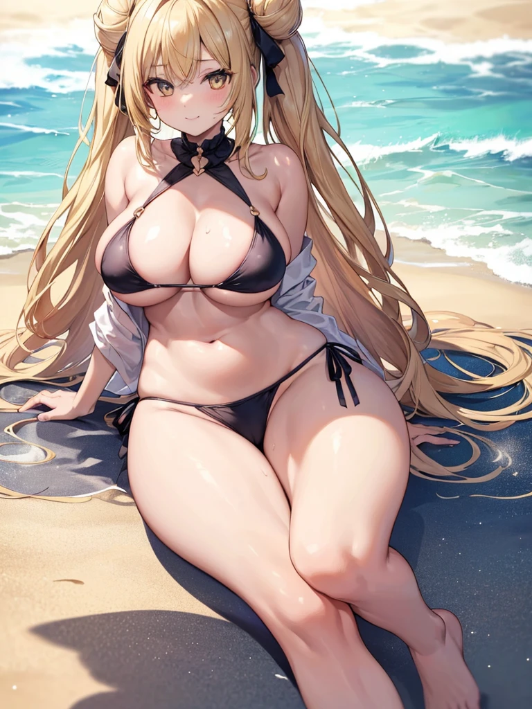 Mukuro is a beautiful young woman with a voluptuous body., My breasts are too big for my physical age. She has golden eyes、She has flowing blonde hair that is longer than her body.。. She ties her hair in an Odango hairstyle and wears ribbons around her buns, she has muscular legs and a muscular stomach, Narrow waist, and (((wears a very sexy and small bikini that leaves her entire backside exposed and her breasts exposed) )), Showing legs, {{{Full body photo}}}, (((On the beach under the scorching sun))), (((Huge breasts))), Big Breasts, Chest only, Huge breasts, A woman wearing black high heels, smile, ((Rear View)), Emphasizing the buttocks, (barefoot), (((Big Breasts、A chest that's about to burst))),