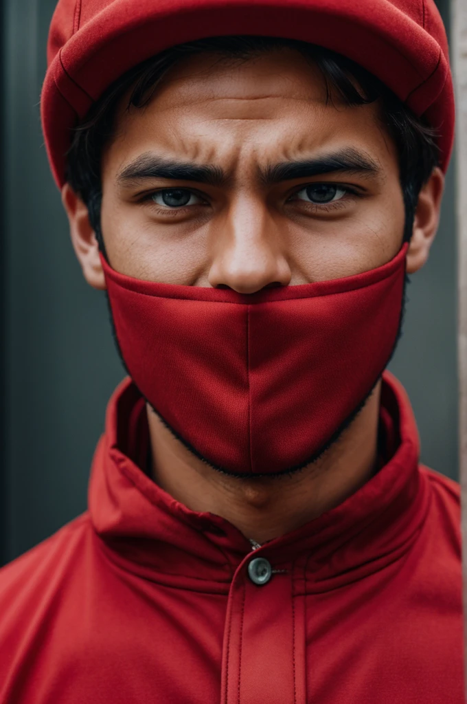 a man face, only eyes and mouth covered with red clothes 