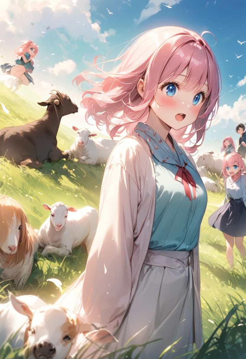 Flock of goats、grassland、One pink haired girl、smali、blue eyes、Twin Drill、A scene from a movie
