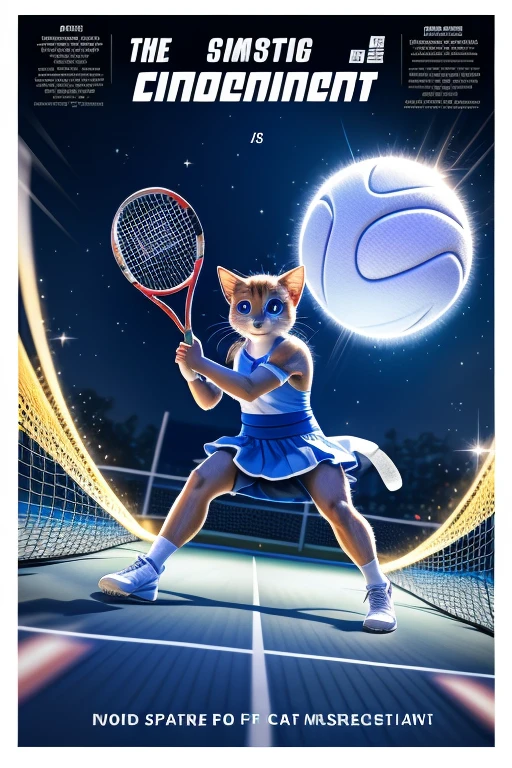 (Highest quality、masterpiece、8k))、Anatomically correct、Very detailed、High resolution、Realistic、((Beautiful, sparkling, detailed eyes))、Intricate details、Cinematic lighting、((Dynamic composition))、kitten、Big head、Moment of the goal、Decisive moment、The moment of the century、Tennis Player、smash、All footage is black and white、Newspaper Articles、White border