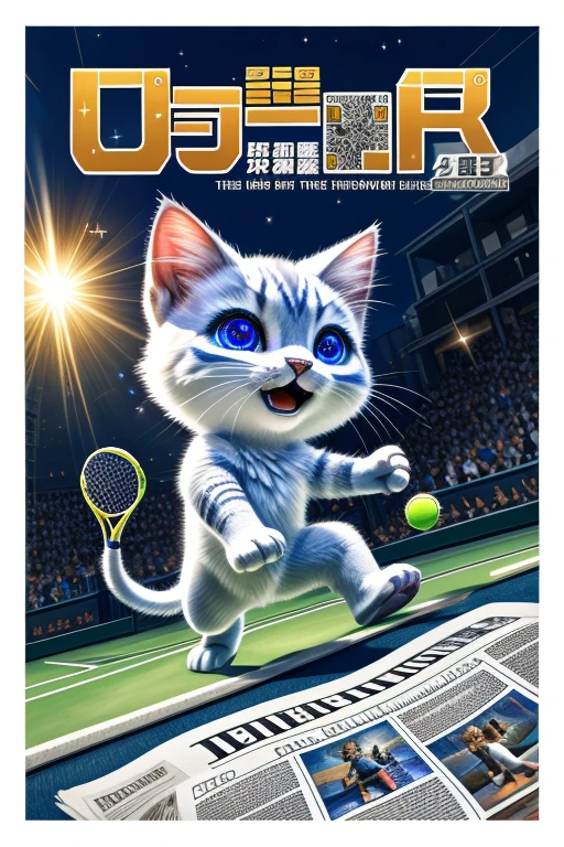 (Highest quality、masterpiece、8k))、Anatomically correct、Very detailed、High resolution、Realistic、((Beautiful, sparkling, detailed eyes))、Intricate details、Cinematic lighting、((Dynamic composition))、kitten、Big head、Moment of the goal、Decisive moment、The moment of the century、Tennis Player、smash、All footage is black and white、Newspaper Articles、White border