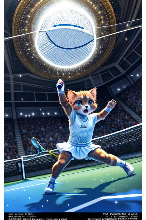(Highest quality、masterpiece、8k))、Anatomically correct、Very detailed、High resolution、Realistic、((Beautiful, sparkling, detailed eyes))、Intricate details、Cinematic lighting、((Dynamic composition))、kitten、Big head、Moment of the goal、Decisive moment、The moment of the century、Tennis Player、smash、All footage is black and white、Newspaper Articles、White border