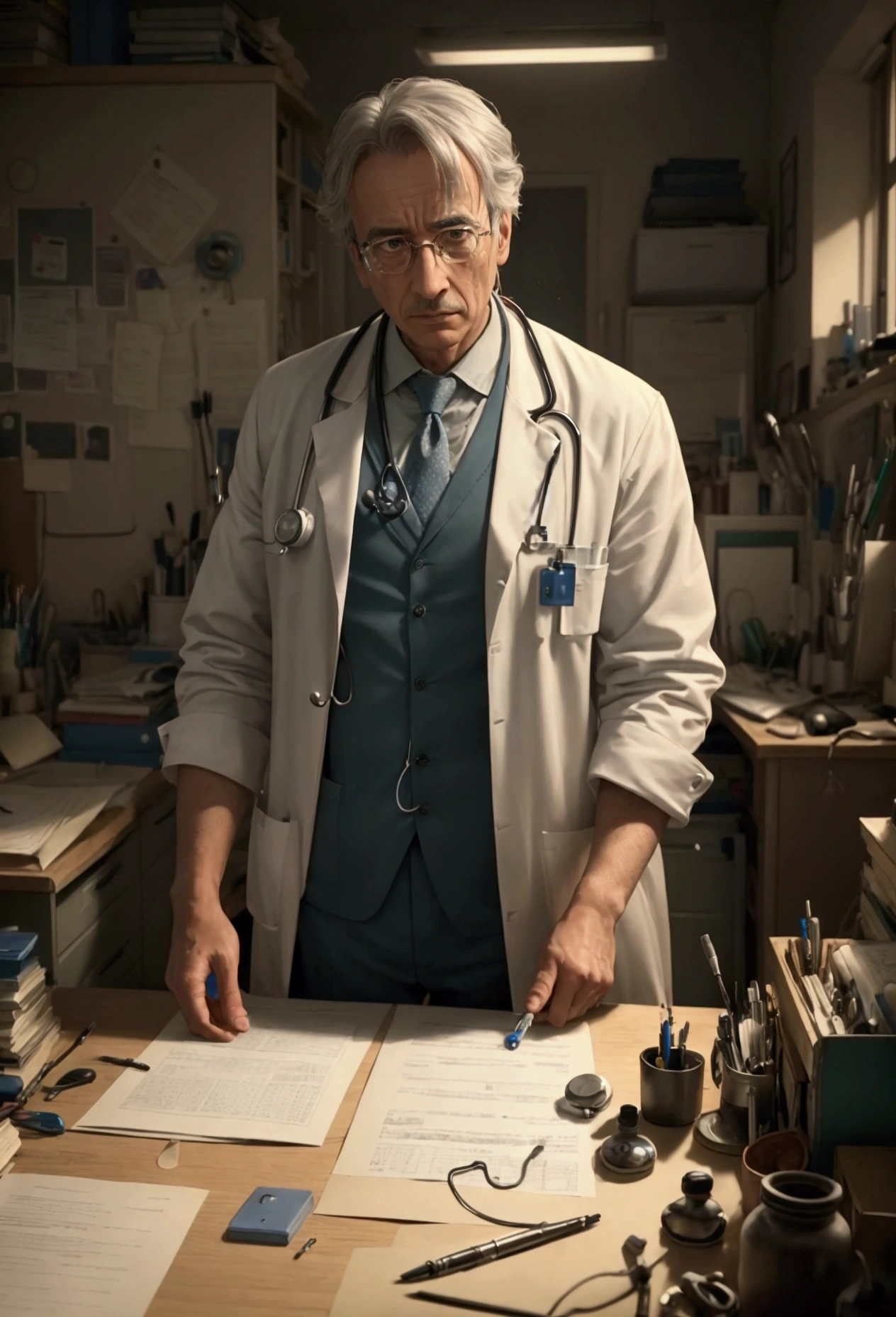 A Photograph that captures the essence of a dedicated doctor lost in deep contemplation at his cluttered desk. Render the scene with meticulous attention to realistic and intricate details, showcasing the doctor's expressions and the meticulous arrangement of medical tools.