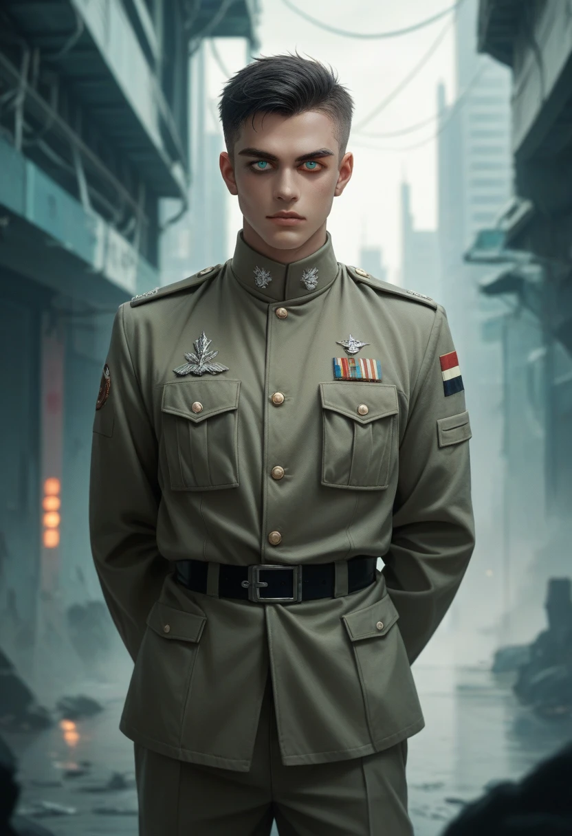 Man in military uniform, future, hands behind back, looks at the viewer, heterochromia