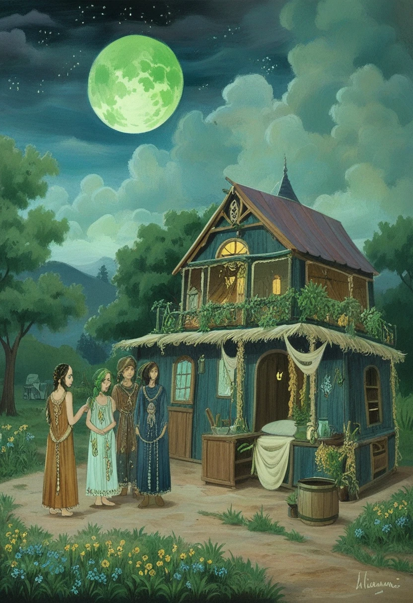 centered oil painting with panoramic view of a night landscape, full moon night, with a rustic house in the background, full body a beautiful gypsy wearing a dark blue and green dress (4:8), acentuade collors, walking in front of a house, Night sky with full moon, night shadows,Magnificent oil painting, Art station style, fantasy art style by Abigail Larson, high détail, 8k, mid-journey style