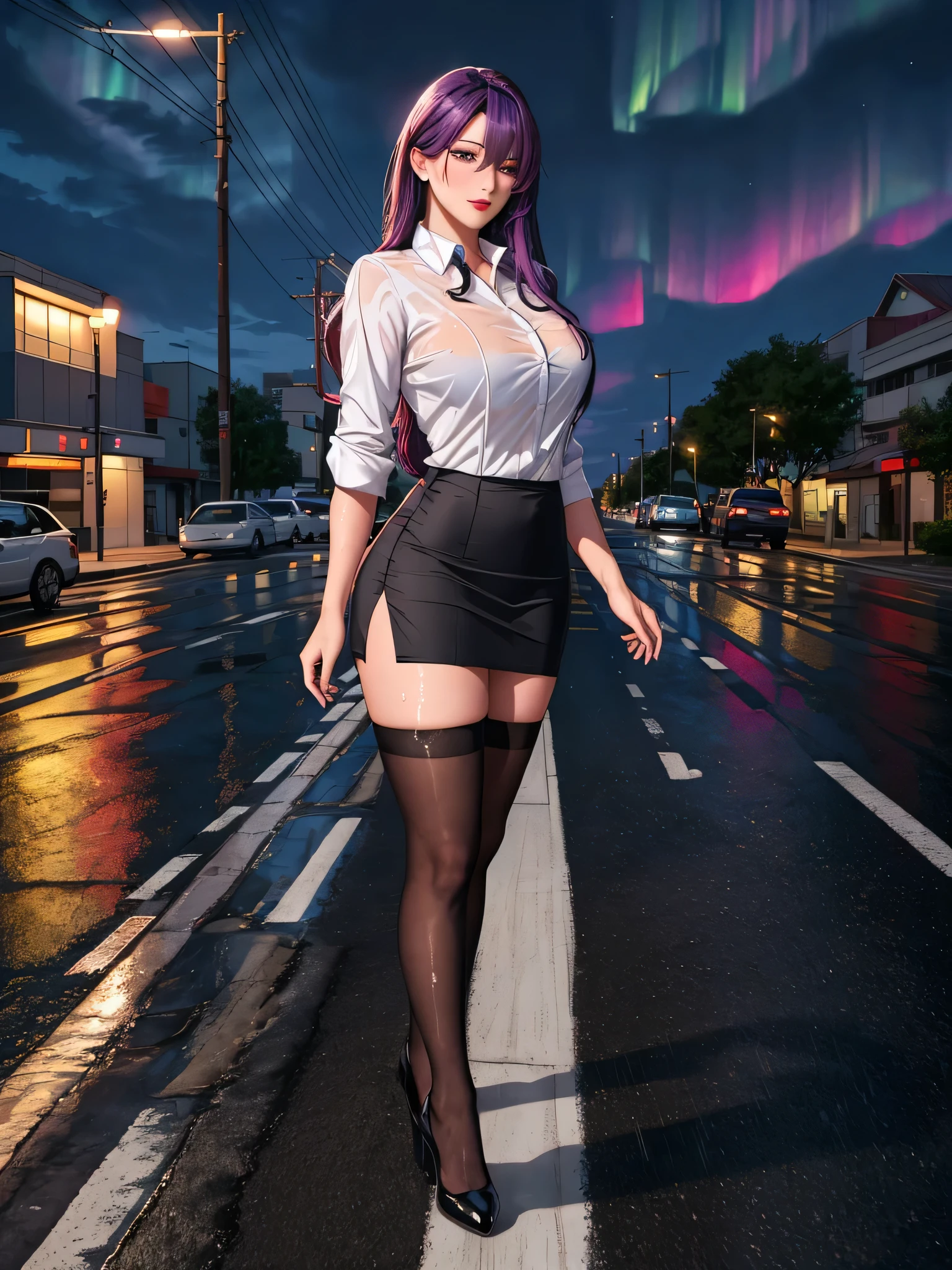 office lady, high resolution, Masterpiece, Anatomically correct, Highly detailed, realistic textures, blushing, dark purple hair, Bangs between the eyes, big breasts, BIG ASS, purple eyes, woman is salking on street, night sky, aurora backgroung, white shirt, short skirt, full body, Embarrassed, serious, Sparkling eyes, Contemptuous look, red lips, Big eyes, secretary uniform, sexy lady, rain, shadow on the road, lion on electricity post, Wet shirt, diamond eyes, wear black stocking, Embarrassed, A thin smile., looking at the audience, with a catเลียปาก, long hair,
