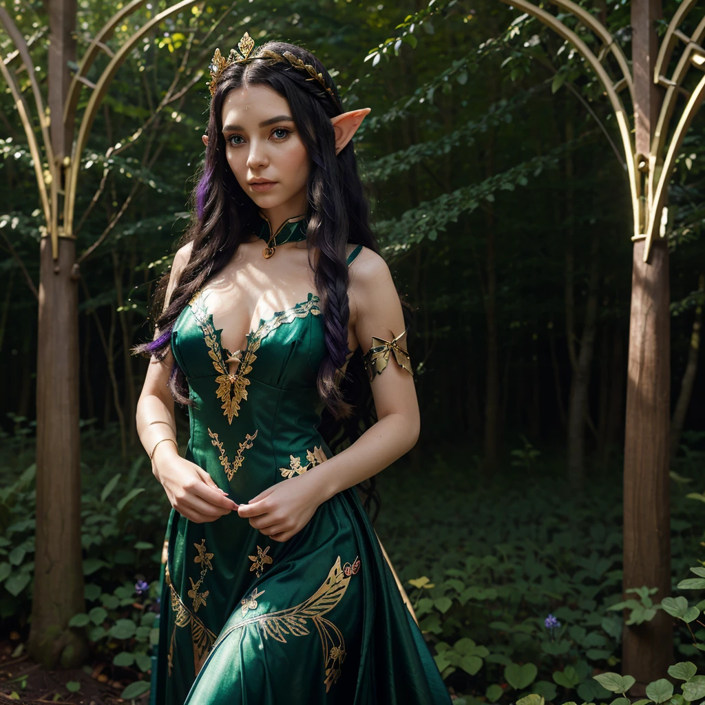 Elf woman with long black wavy hair, pointy ears and black eyes, a crown of blue and purple flowers, dark green dress, gold jewelry, long eyelashes, golden transparent butterfly wings, a dark green forest background, flying small fairies, mushrooms