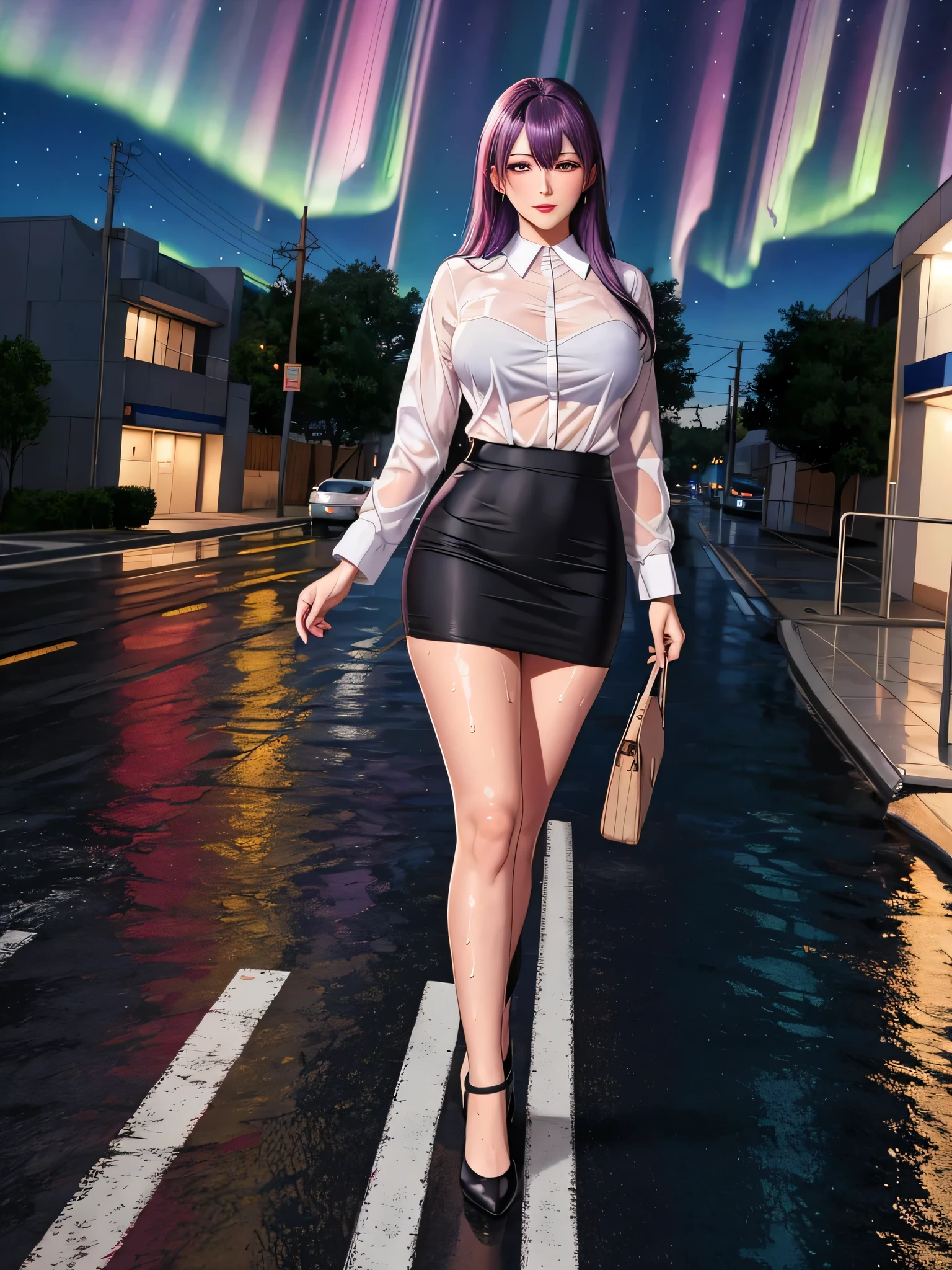 office lady, high resolution, Masterpiece, Anatomically correct, Highly detailed, realistic textures, blushing, dark purple hair, Bangs between the eyes, big breasts, BIG ASS, purple eyes, woman is salking on street, night sky, aurora backgroung, white shirt, short skirt, full body, Embarrassed, serious, Sparkling eyes, Contemptuous look, red lips, Big eyes, secretary uniform, sexy lady, rain, shadow on the road, lion on electricity post, Wet shirt, diamond eyes, wear black stocking, Embarrassed, A thin smile., looking at the audience, with a catเลียปาก, long hair, 