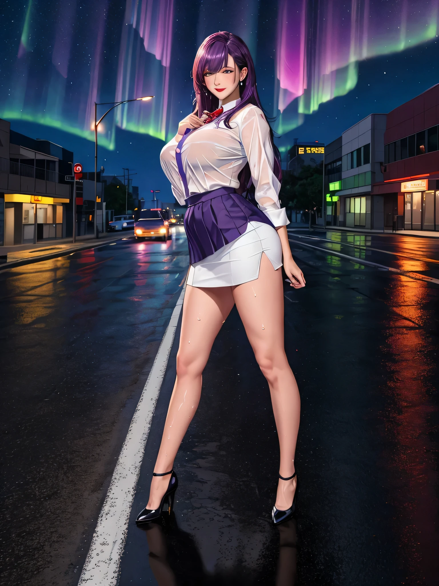 office lady, high resolution, Masterpiece, Anatomically correct, Highly detailed, realistic textures, blushing, dark purple hair, Bangs between the eyes, big breasts, BIG ASS, purple eyes, woman is salking on street, night sky, aurora backgroung, white shirt, short skirt, full body, Embarrassed, serious, Sparkling eyes, Contemptuous look, red lips, Big eyes, secretary uniform, sexy lady, rain, shadow on the road, lion on electricity post, Wet shirt, diamond eyes, wear black stocking, Embarrassed, A thin smile., looking at the audience, with a catเลียปาก, long hair, 